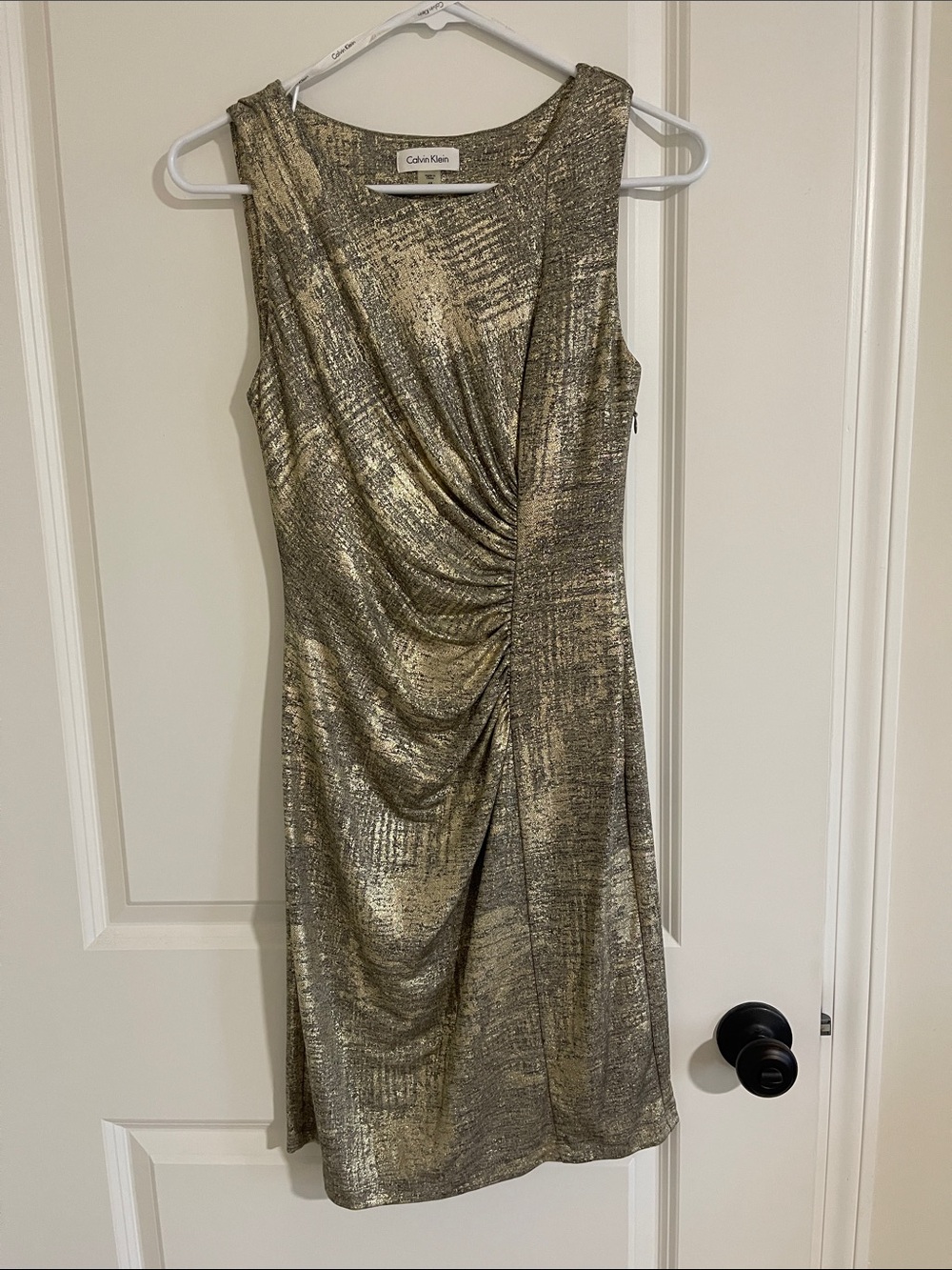 Calvin Klein Metallic Gold Ruched Midi Dress